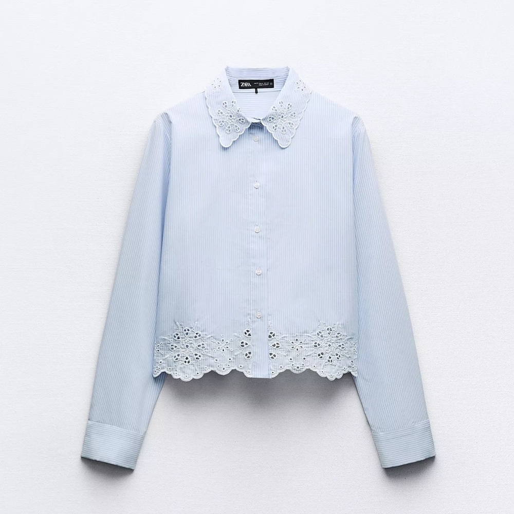 Zara Scalloped Striped Button Down Shirt